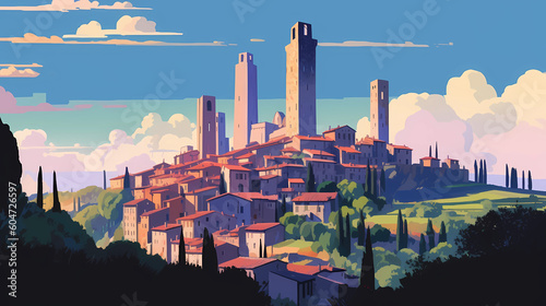 Illustration of beautiful view of San Gimignano, Italy photo