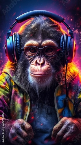 DJ Monkey in Headphones and Suit. Generative ai