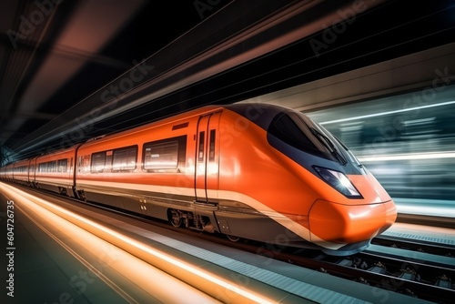 High speed train driving along the rails through a train station tunnel at night. Motion Blur image. Generative Ai