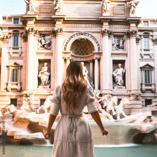 Beautiful young woman in front of famous iconic Trevi Fountain at Rome, Italy. Generative AI