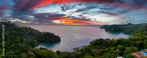 View over Wafers Bay Cocos Island Costa Rica. Aerial Drone View of a tropical island with lush jungle in Costa Rica