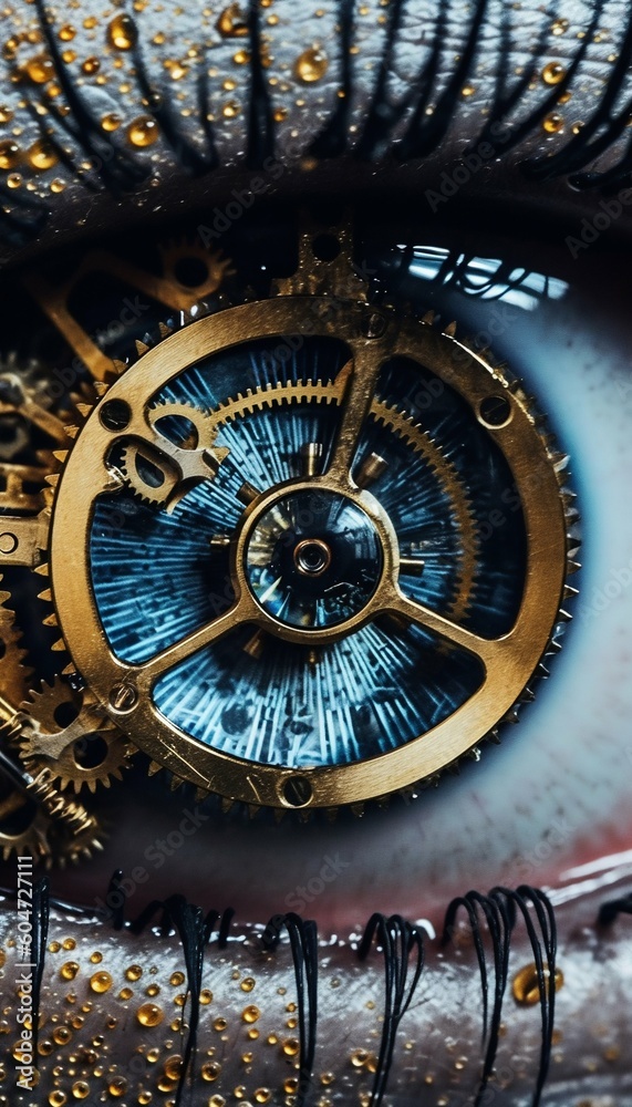 Close-Up of Woman's Eye, Iris Composed of Tiny Clockwork Gears. Generative ai