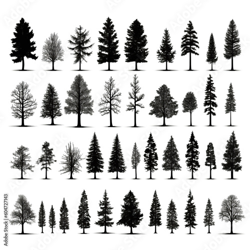 Set of different silhouettes of pine trees transparent png