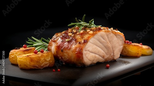 Roast duck breast with baked potatoes and rosemary on black background. Created with generative AI