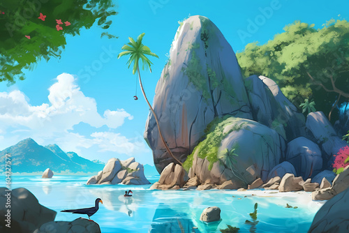 Illustration of a beautiful tropical island with a beach and palm trees