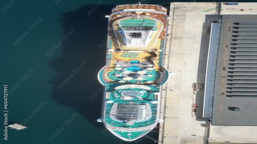 Aerial view large cruise ship at sea, Passenger cruise ship vessel, sailing across the Ksamil, Albania. View from drone. Aerial view large cruise ship at sea, Passenger cruise ship vessel, sailing across the Ksamil, Albania. View from drone.