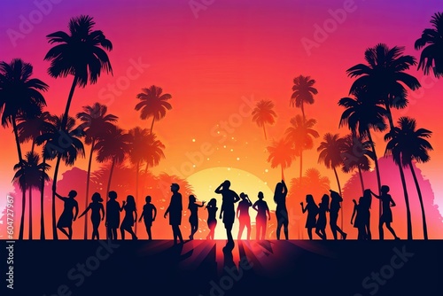 An abstract vector illustration of a sunset with a gradient sky, palm trees, and silhouettes of people dancing, reminiscent of 80s beach parties. Generative AI