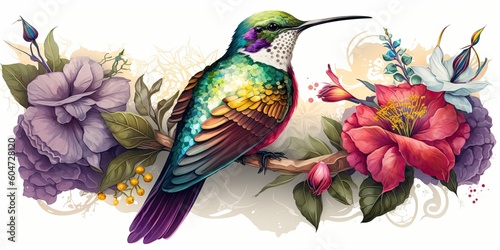 Colorful humming bird on stick tree with flower in watercolor design artistic. Concept of painting technique isolated on white background in canvas. Glorious generative AI. photo