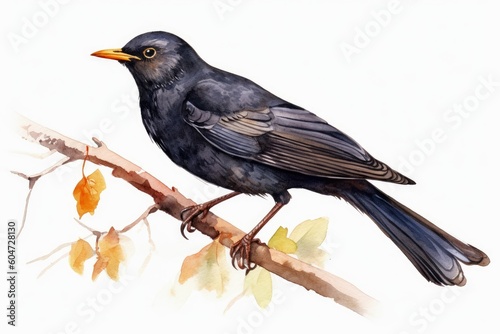 Watercolor Blackbird on a white background created with generative AI technology.