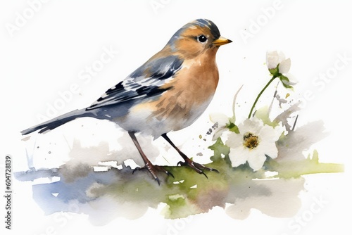 Watercolor chaffinch on a white background created with generative AI technology. photo