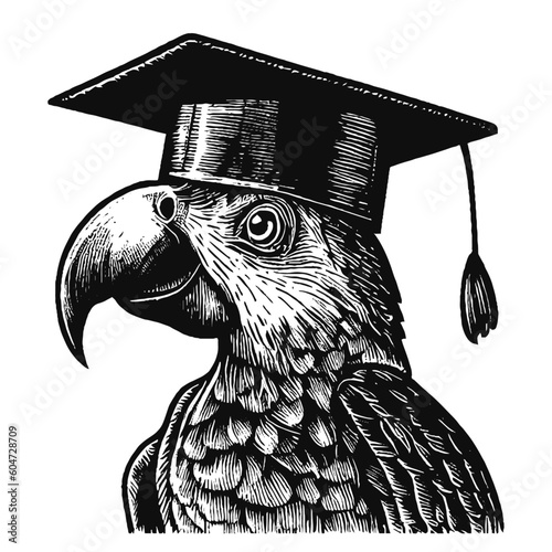 parrot wearing a graduation hat, parrot student vector sketch