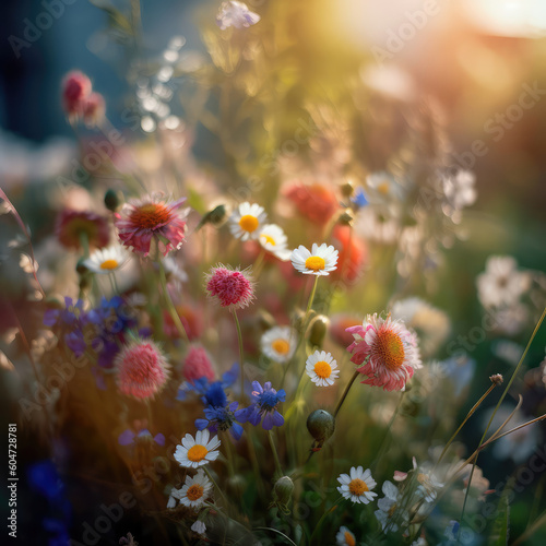 Multi-colored beautiful wildflowers bloom on a green meadow. Warm summer evening. Generative AI