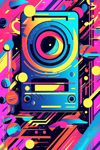 A retro-inspired poster vector illustration of a cassette tape with colorful abstract shapes and patterns, symbolizing the music of the 80s. Generative Ai