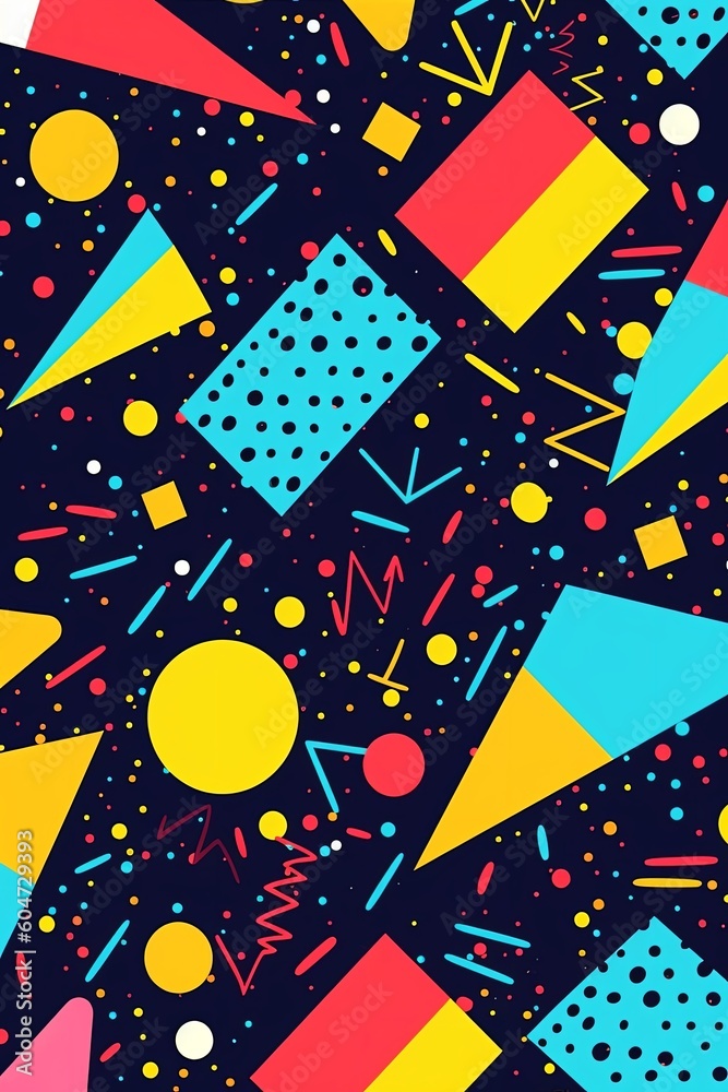 A geometric pattern background in vibrant colors, inspired by the iconic Memphis design style of the 80s, perfect for adding a retro touch to any design. Generative AI A geometric pattern background in vibrant colors, inspired by the iconic Memphis design style of the 80s, perfect for adding a retro touch to any design. Generative AI