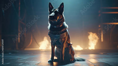 Photo realistic illustration of a cyborg guard dog German Shepherd, in post-apocalyptic wasteland. Anatomy and lighting reference. Generative AI.