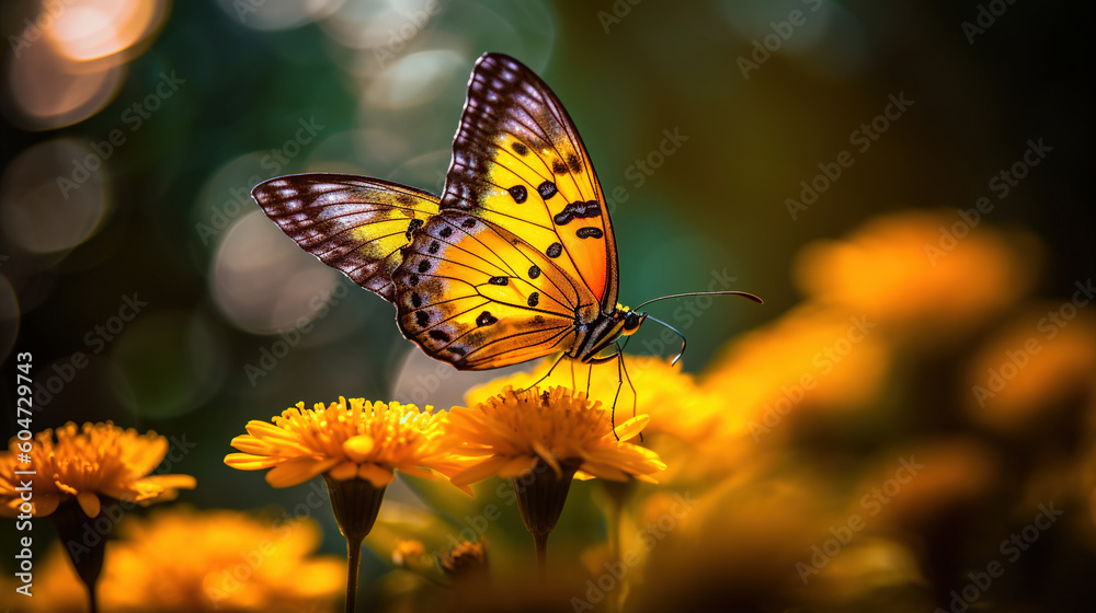 Obraz premium Close up macro illustration of butterfly with flower