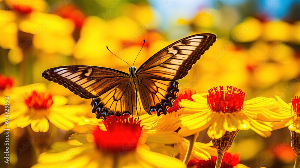 Close up macro illustration of butterfly with flower