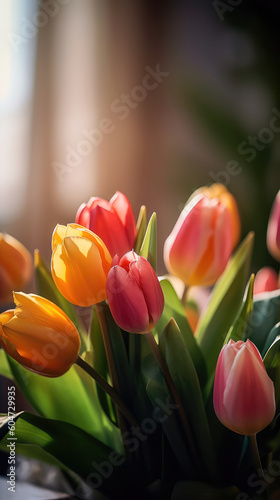 Beautiful spring bouquet of colorful tulips on the windowsill  creating a romantic atmosphere. Generative AI