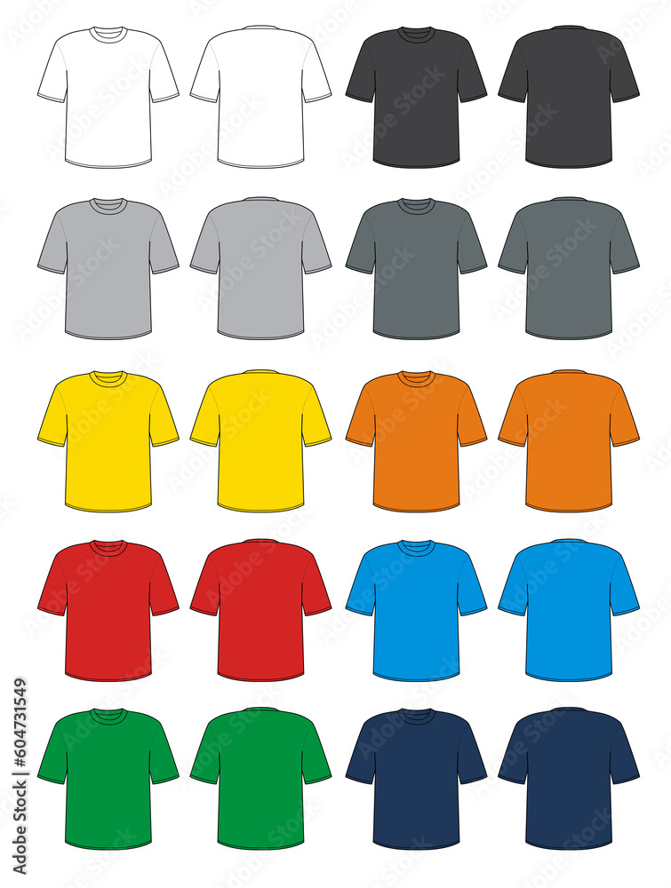 cartoon multicolored t-shirt template front back logo design empty style set png transparent isolate cartoon multicolored t-shirt template front back logo design empty style set png transparent isolate