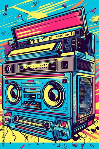 A retro-inspired poster , illustration of a boombox or cassette player with vibrant patterns and colors, symbolizing the music and fashion of the era. Generative AI