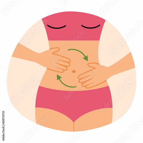 Girl in swimsuit doesbelly massage. Beautiful slender female figure.