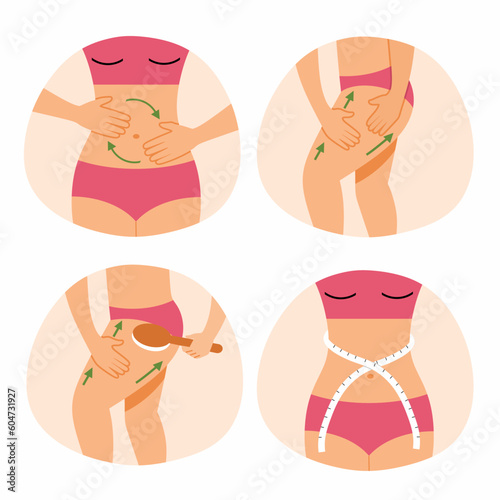 Beautiful young woman does hand massage of abdomen and thighs. Prevention cellulite. Skin care. Young and slender body. Set beauty illustrations.