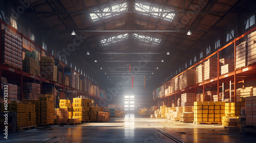 Interior of a modern warehouse storage of retail shop with pallet truck near shelves for advertising and background Generative AI