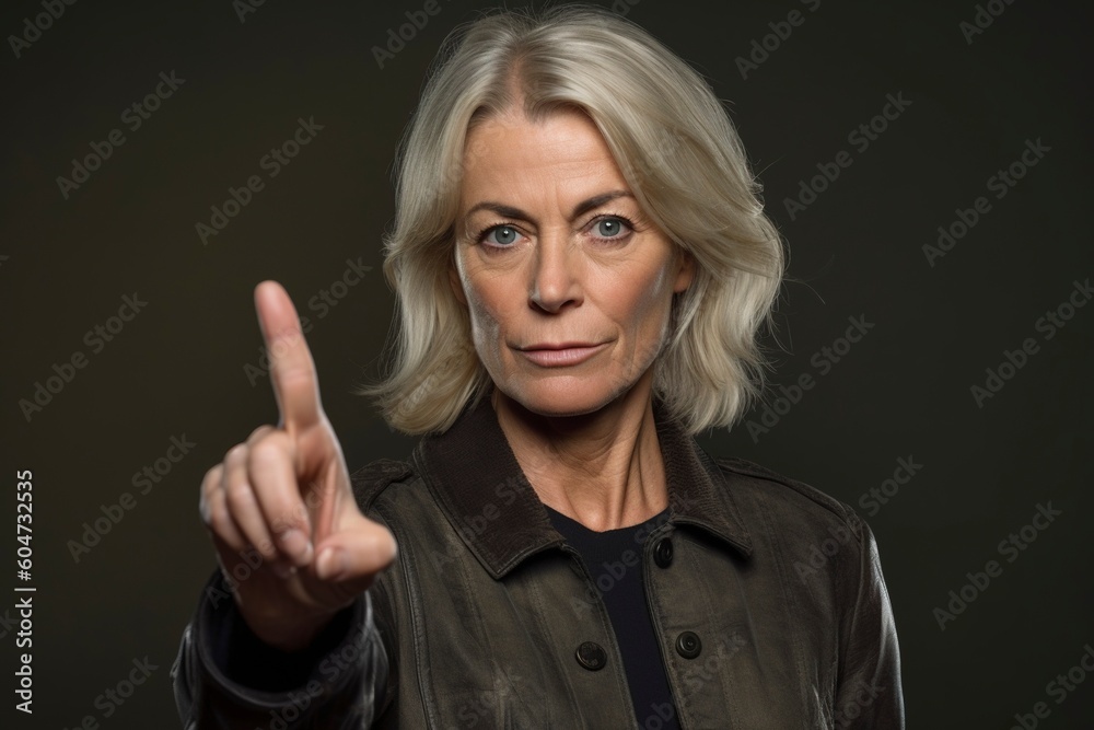 A mature woman draws attention by pointing a finger. Ai generated. A mature woman draws attention by pointing a finger. Ai generated.