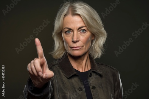 A mature woman draws attention by pointing a finger. Ai generated.