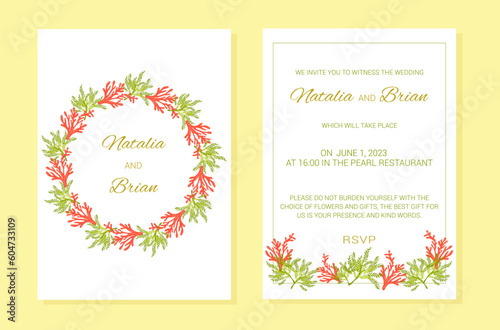 Wedding invitation Summer sea theme plants layout. A frame of marine elements with text. Algae, corals. Vector illustration.