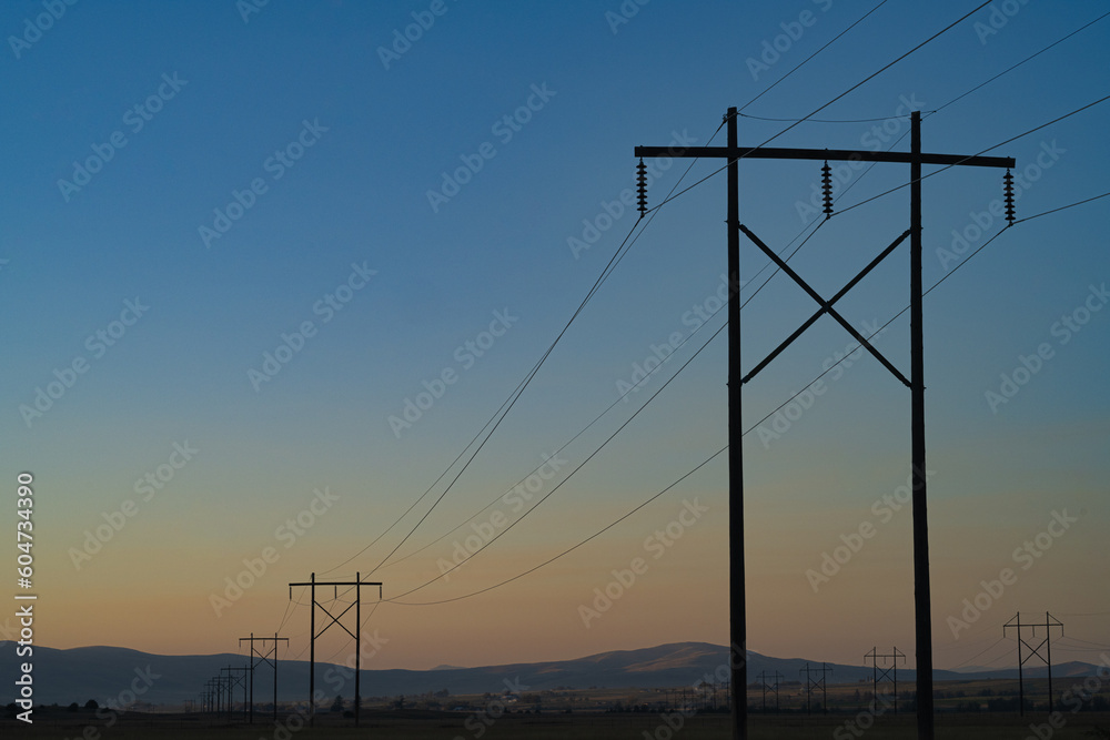 Rows of powerlines at dusk 