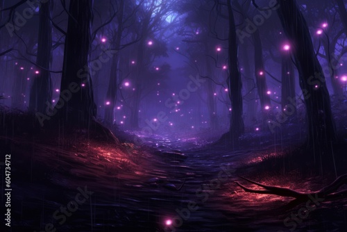 Enchanting forest teeming with fireflies, night ambiance, gentle purple radiance, Generative AI
