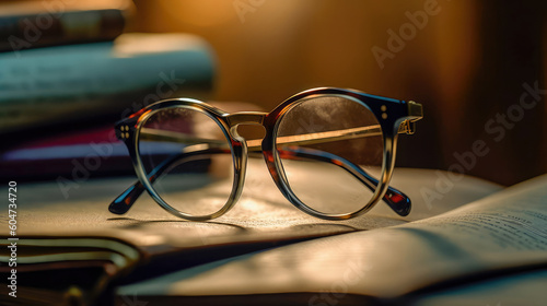 Pair of glasses lying on an old book. The library is in the background. Books and glasses. Generative AI