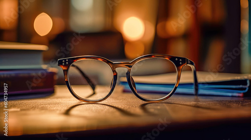 Pair of glasses lying on an old book. The library is in the background. Books and glasses. Generative AI