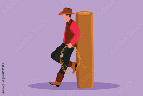 Cartoon flat style drawing western relaxing man with cowboy hat and lasso leaning on wooden fence. Stylized American cowboy lifestyle at livestock horse in evening. Graphic design vector illustration