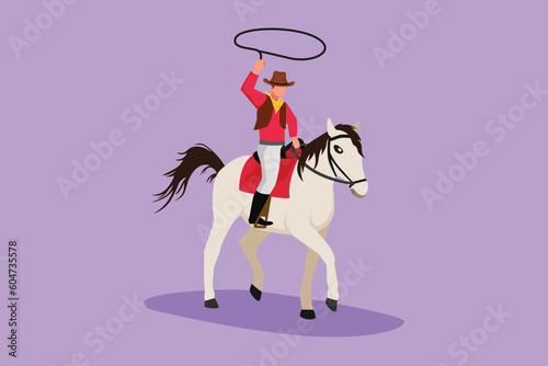 Character flat drawing stylized cowboy with rope lasso on horse. Strong American cowboy riding horse and throwing lasso. Cowboy on bucking horse running with lasso. Cartoon design vector illustration