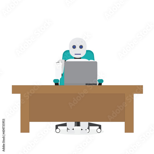 A vector of artificial intelligence robot at office desk. Robot replace human at work
