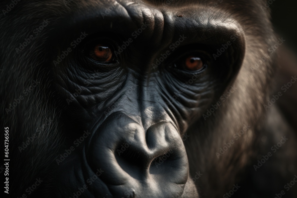 Obraz premium The raw power and captivating beauty of a gorilla captured in a stunning close-up within its natural habitat. Portrays the remarkable essence of the gorilla, created with generative A.I. technology.