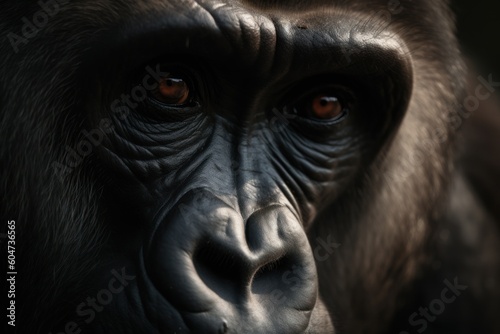 The raw power and captivating beauty of a gorilla captured in a stunning close-up within its natural habitat. Portrays the remarkable essence of the gorilla  created with generative A.I. technology.