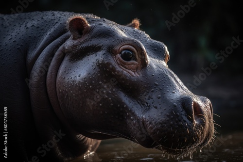 The allure of a hippopotamus through a stunning close-up, encapsulating the unique features of this captivating creature in its natural habitat. Created with generative A.I. technology.
