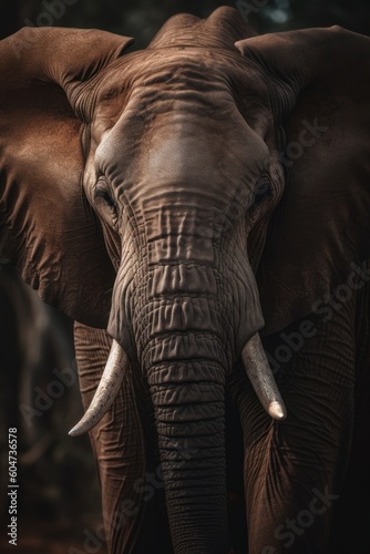 The breathtaking beauty of a majestic elephant captured in a stunning close-up, immersed in its natural habitat. With a focus on the elephant's head. Created with generative A.I. technology.