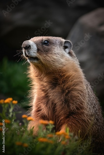 A captivating portrait capturing the active and lively essence of a marmot in its natural environment. The image showcases the playful and charming nature of this, created with generative A.I.