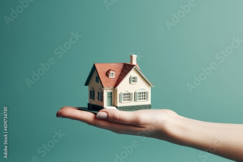 Woman hand holding paper house on cyan background  Generative AI