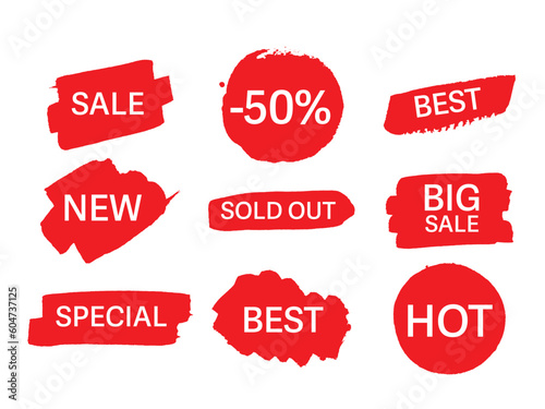 Red Blots stains of new tag label. Sale price promotion discount sticker banner watercolor paint hand drawn style.