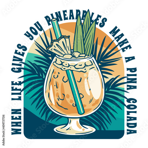 Pina Colada cocktail with slice of pineapple for summer party. Alcochol exotic pina cocktail with rum and leaf pineapple for beash bar and restaurant menu