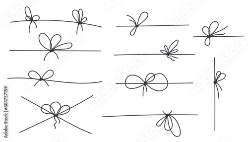 Line bows knots on ribbon for gift decoration. String with rope knots in doodle style, simple thin line wedding elements isolated on white background