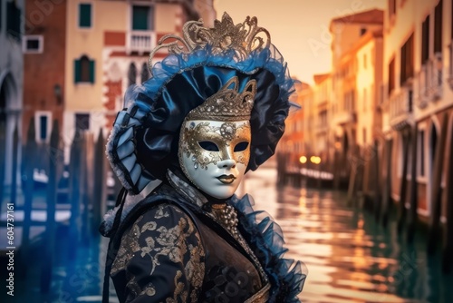 An image of a mysterious figure wearing a Venetian Carnival Mask, standing against a backdrop of the iconic Venetian canals and gondolas, evoking the allure and elegance of Venice. Generative AI © bluebeat76