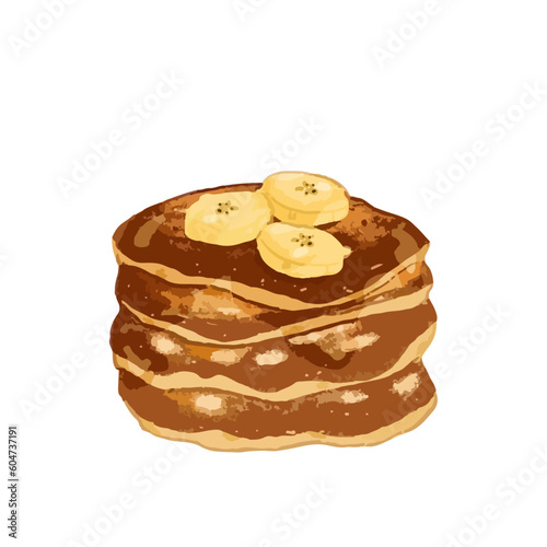 Banana pancakes with slices of fresh bananas. Hand drawn watercolor vector illustration