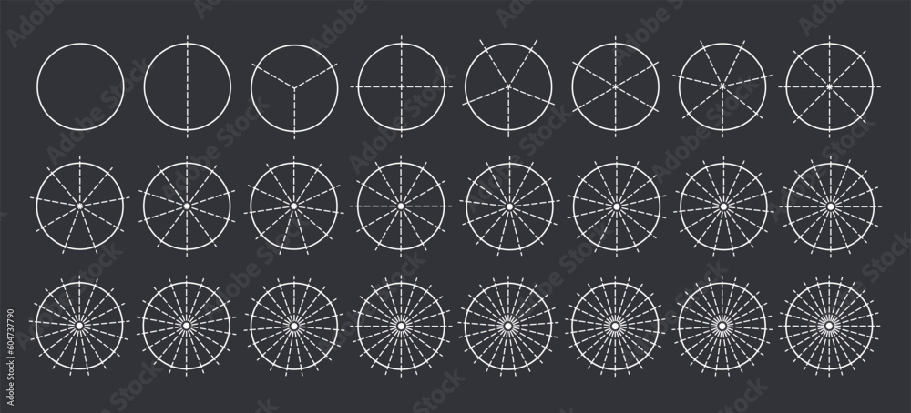 Circles divided into parts from 1 to 24. Outline round chart for ...