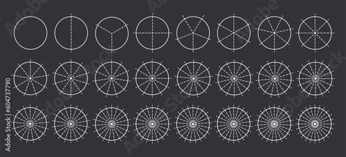 Circles divided into parts from 1 to 24. Outline round chart for infographic, pie portion or pizza slice. Wheel division into fractions, circular shape sectors on black background